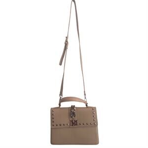 Badgley Mischka TurnKey studded embellished crossbody purse tan handle 10x7.5 in